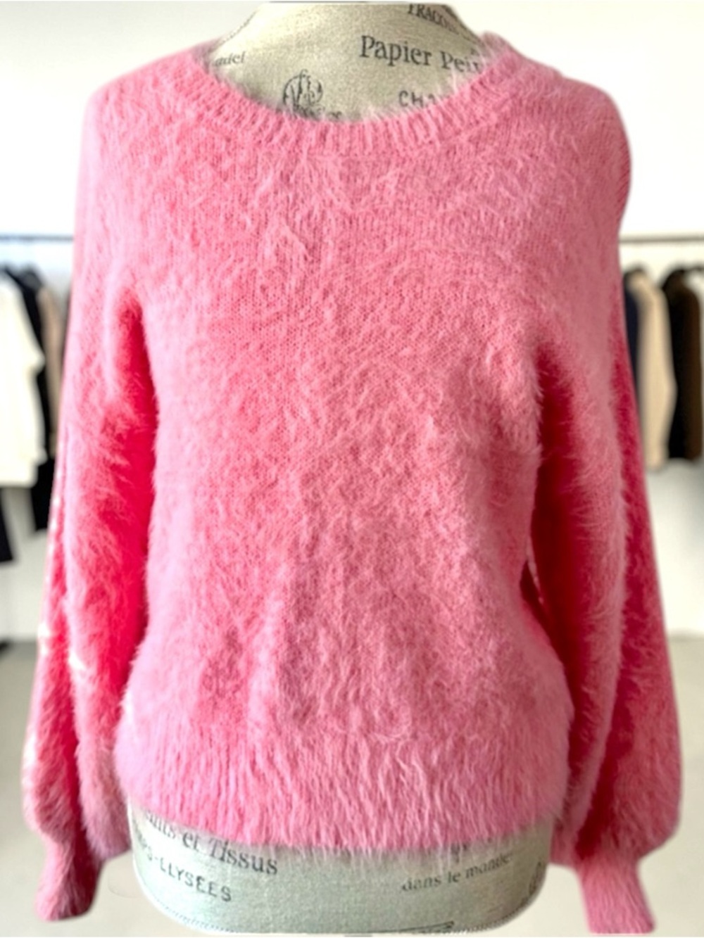London Kaye Pink Fuzzy Eyelash Knit Sweater Balloon Sleeve Small